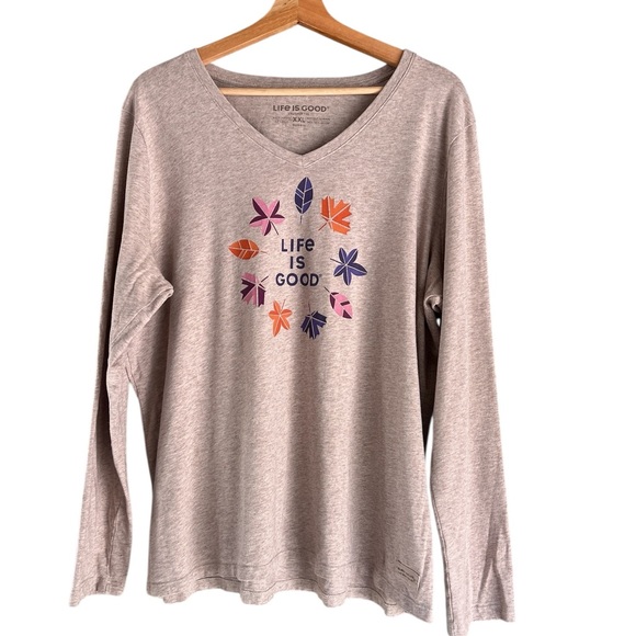 Life is Good XXL Women’s Crusher Tee Fall Leafs V Neck Long Sleeve Heather Brown - Picture 1 of 7